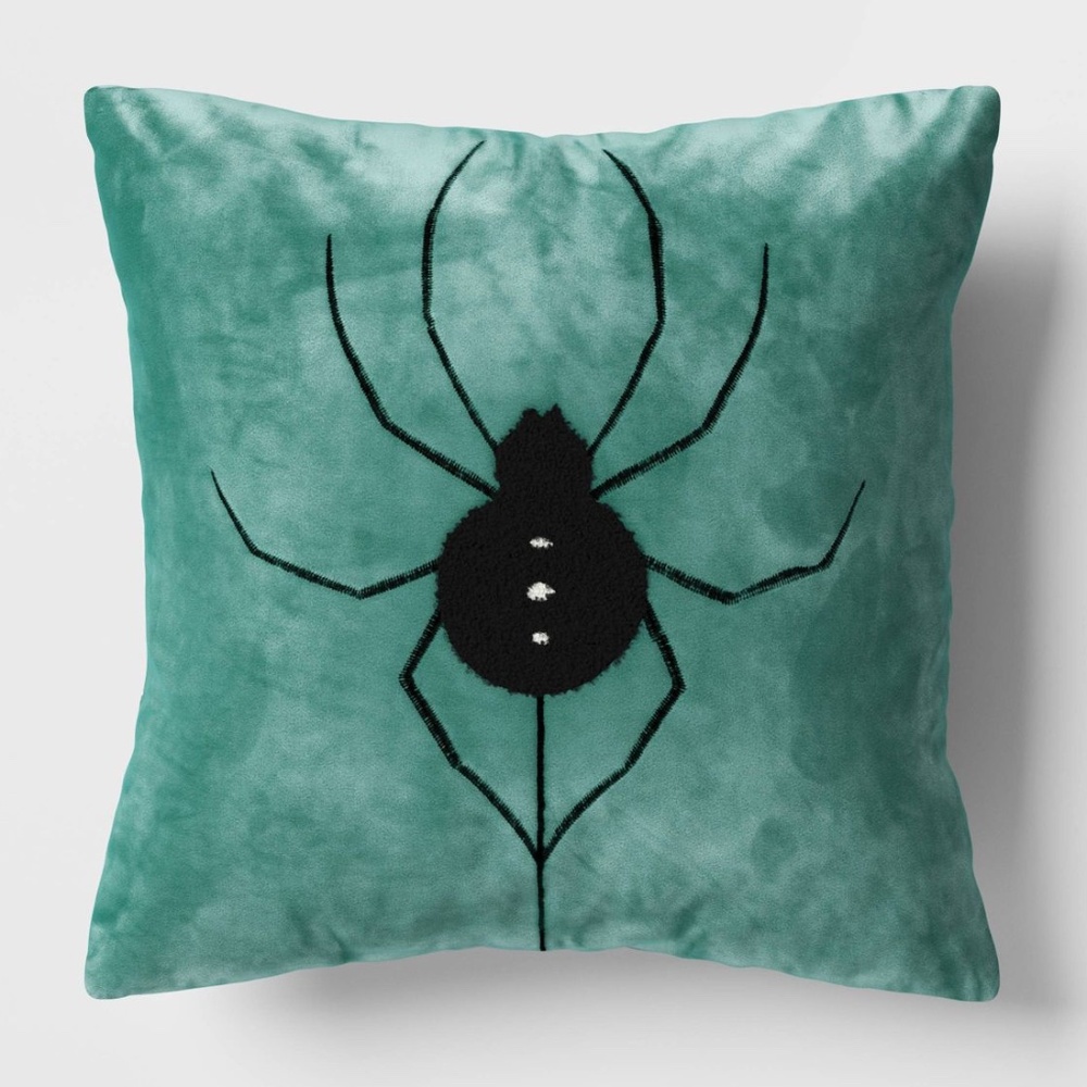 Hyde & EEK! Halloween Reversible Velvet Spider Throw Pillow Turquoise Green